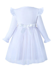 Girls' Long-Sleeve Tulle Dress Flower Belt Elegant Casual Spring Autumn