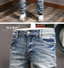 Men's Clothing Autumn and Winter Slim-fit Jeans Ripped Leggings Trendy Brand Cotton Handsome Trousers