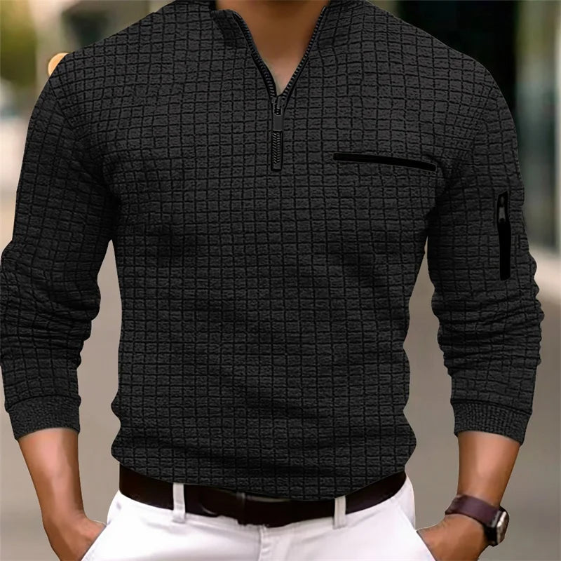 2025 Spring and Autumn New Men's Plaid Turtleneck Zipper Long Sleeve Polo Shirt  Casual