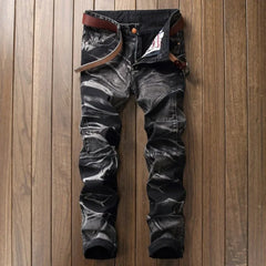 Jeans Men Vintage Distressed Pencil Pants Mid Waist Zipper Pockets Slim Ankle Length Trousers
