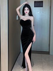 2023 Summer Women's Sexy Temperament ceremonial dress Wrapped Chest backless High Split Velvet Wrapped Hip Red Long