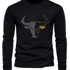 Men's 100% pure cotton loose fit plus size comfortable casual sports bull pattern printed round neck long sleeved T-shirt top