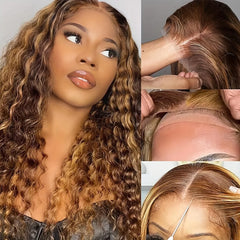 200% 13x4 Highlight Human Hair Wig Deep Wave Lace Front Wig For Women 13x4 Ombre Lace Frontal Wig Human Hair Free Part Pre