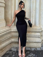 Women Maxi Dresses Sexy Split Black Sleeveless Backless Slim Dress Summer Female Fashion Off Shoulder Club Elegant Party Dresses