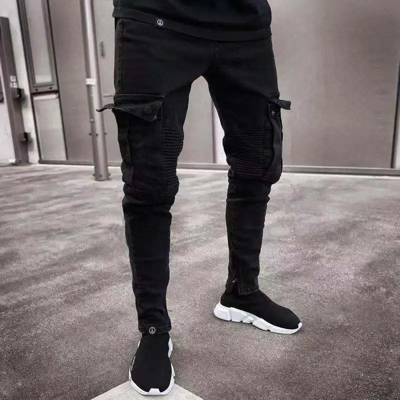 New Men's Slim Fit Stretch Jeans Casual Fashion Multi Pocket Cargo Denim Pants High  Jeans Work Hip Hop