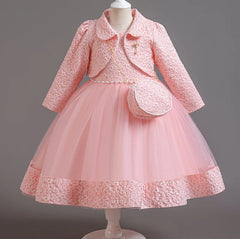 Spring Flower Girl Elegant Dresses for Wedding Girls’ Formal Dress with Bag 3 PC Set Long Sleeve