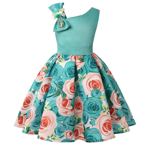 New diagonal shoulder children's dress rose print dress dress Girl party dress festival performance dress ins
