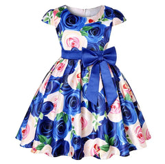 Summer Girls Rose Print Dress Princess Wedding Birthday Party Frocks Satin Children Vestidos Dresses For Girl Christmas Clothing