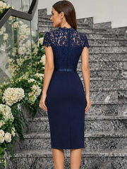 Womens Elegant Crew Neck Lace Short Sleeved Summer Wedding Fashion Knee Length Elastic Belt Solid