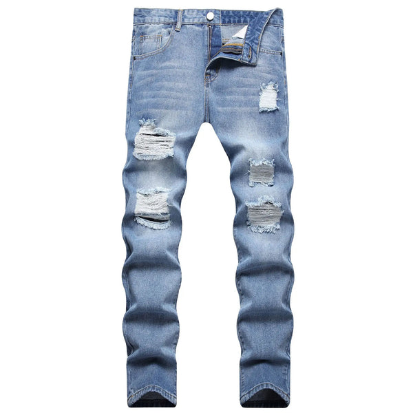Pencil Pants Men Hole Jeans Mid Waist Skinny Pockets Vintage Ripped
