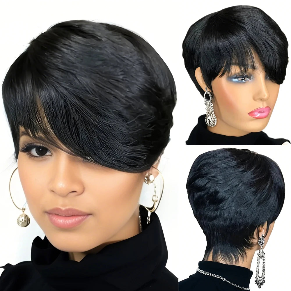 Pixie Cut Wigs Short Human Hair Wigs with Bangs Short Layered Full Machine Made