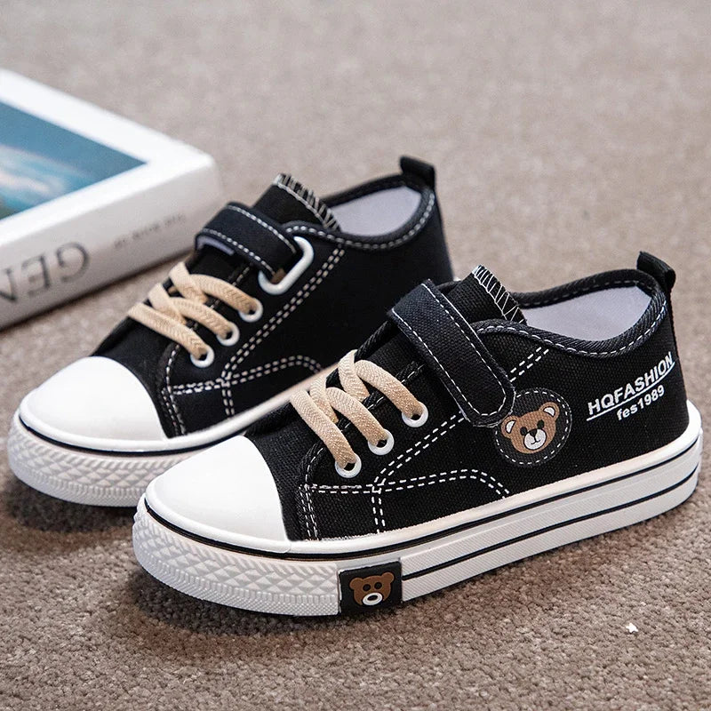 Children Canvas Shoes Boy Sneaker Bear Print Casual School Shoes Lightweight Flat Boy Tennis Shoes