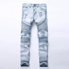 Trendy Brand Motorcycle Men's Jeans Unique Ripped Slim Fit Streetwear High Elasticity Smooth Slimming Effect Casual Denim