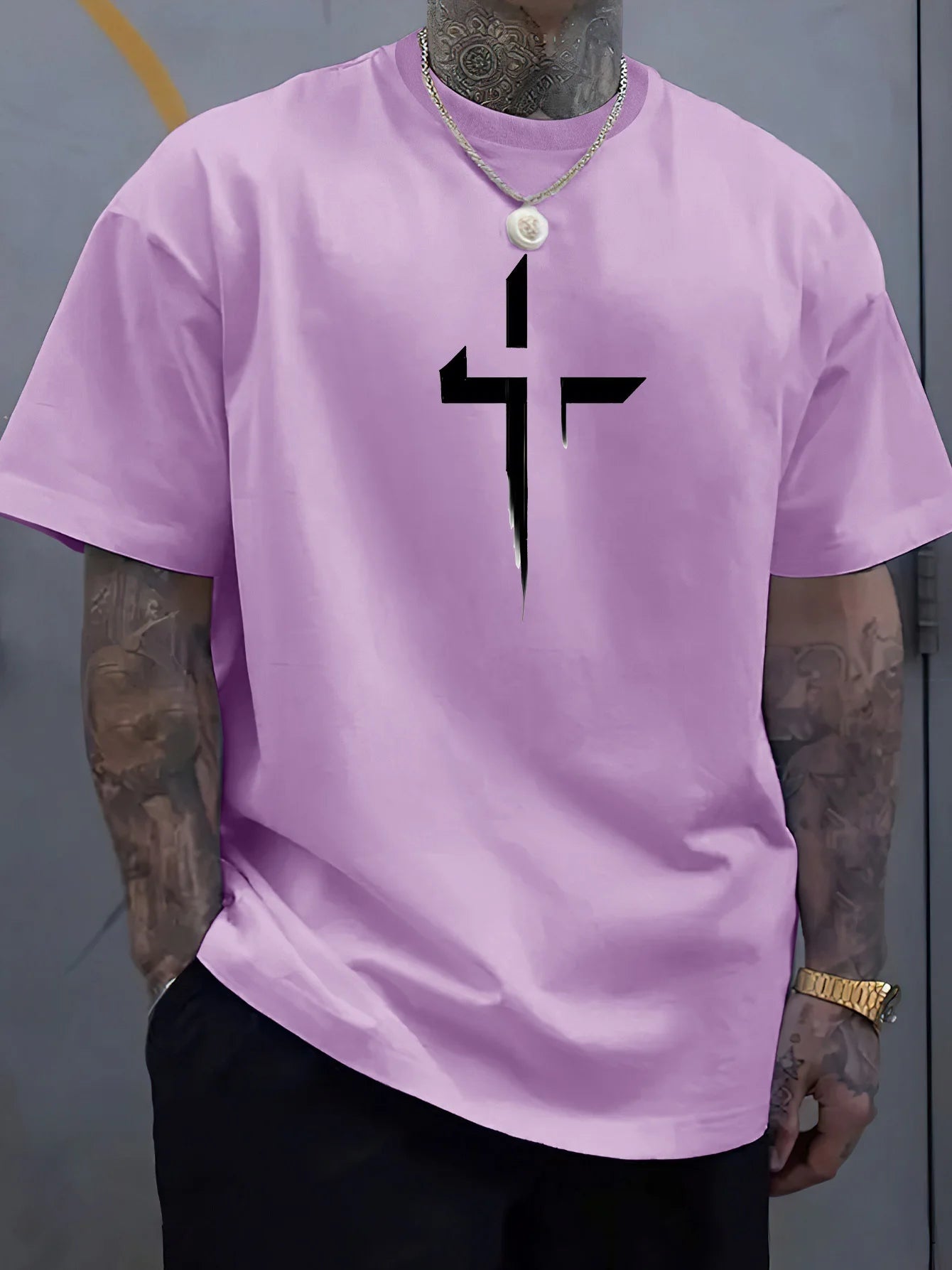 Summer men's 100% pure cotton casual loose plus size Cross Creative printed sports