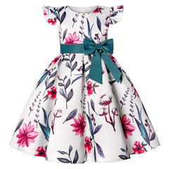 Foreign Trade Hot New Small Flying Sleeve Girl Dress Bow Print Princess Birthday Party Clothing