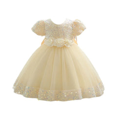 Fashion Puff Sleeve Girls Princess Evening Dress Flower Shiny Glitter Summer Lace Dress Sweet Bowknot Party Dress Skirt Party