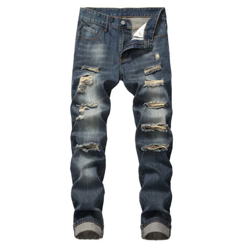 Men Ripped Distressed Destroyed Straight Slim Fit Jeans Skinny Casual Fashion Vintage Hole Straight Leg Denim Pants