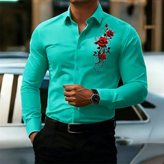 Men's Long-Sleeved Shirt, Featuring a Vintage Red Rose Print Design. A Stylish