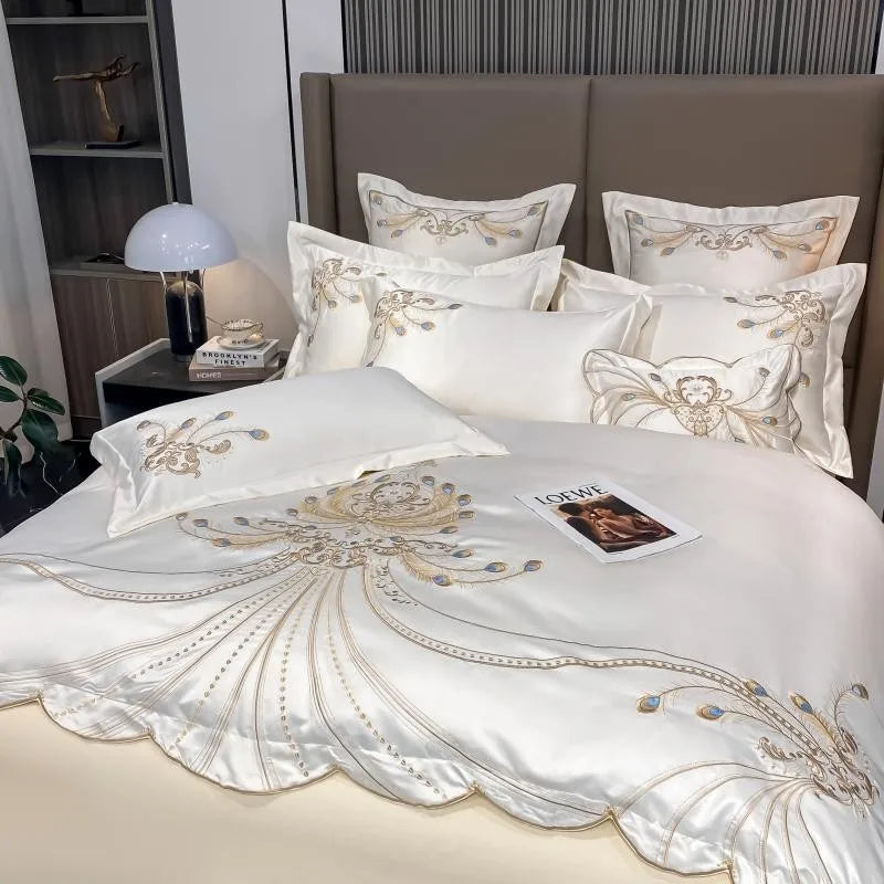 4/6Pcs White Gray Sateen Gold Embroide Luxury Satin Cotton onBedding