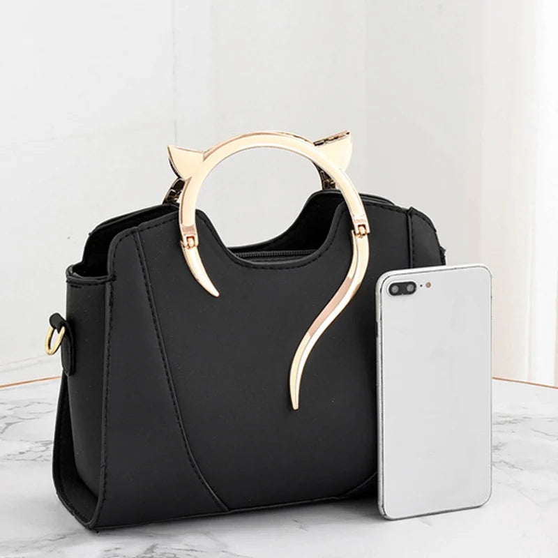 Cat Shaped Handle Women Handbag Trendy And Fashionable, Solid Color, Simple And Casual Crossbody Shoulder Shell Bag