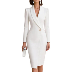Elegant Women BlazerMidi Dress V Neck Lapel Collar Long Sleeve Shoulder Pad Single Button Slim Bodycons