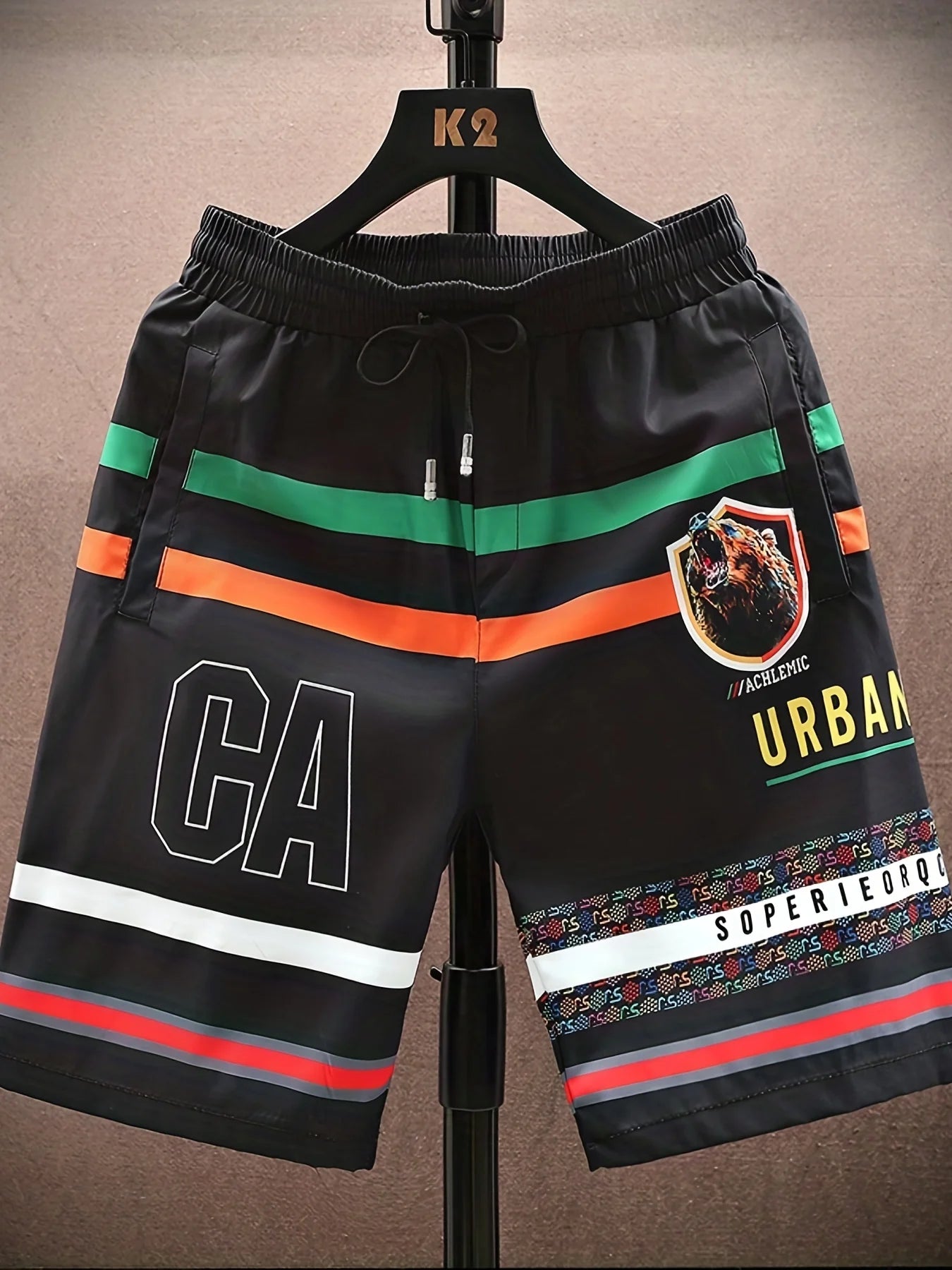 Bear Pattern Letter Print Striped Quick Drying Comfy Shorts Summer Men's Casual Drawstring Shorts For Summer Fitness Beach Short