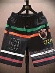 Bear Pattern Letter Print Striped Quick Drying Comfy Shorts Summer Men's Casual Drawstring Shorts For Summer Fitness Beach Short