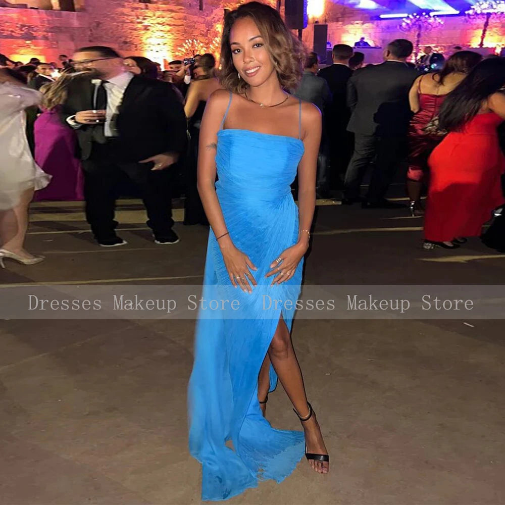 Concert Costumes Elegant Gemstone Sky Blue Chiffon Pleat Front Fork Elegant dress