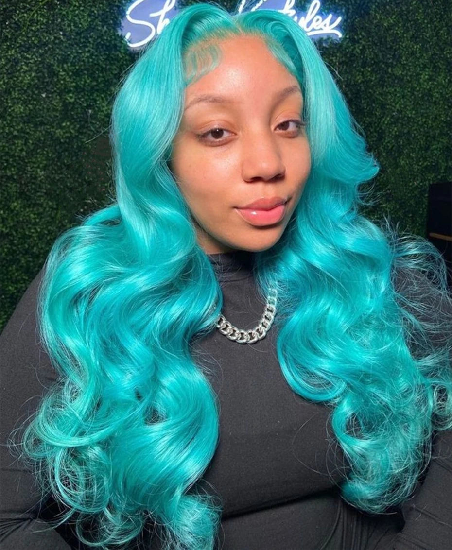 13x6 Teal Ocean Blue Lace Front Wig Human Hair Body Wave 613 Blonde Lace Frontal Wig Preplucked Mint Green Color Human Hair Wigs