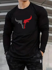 Men's 100% pure cotton loose fit plus size comfortable casual sports bull pattern printed round neck long sleeved T-shirt top
