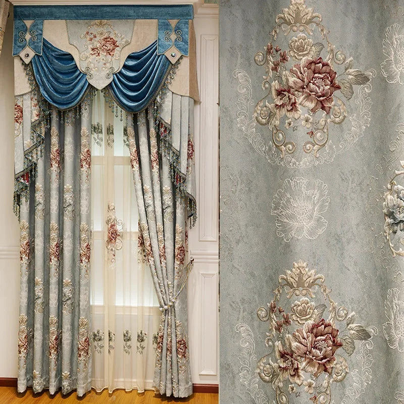 Custom New 3D Embossed Luxury Curtains for Living Dining Room Bedroom European Flower High-end Textured Noble Valance Tulle Cort