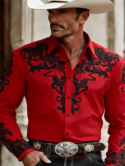 Men's Western Cowboy Style Fashion Print Long-Sleeve Shirt, Retro Lapel Slim Fit, Outdoor Casual Shirt, Sizes XS-6XL, 21 Colors