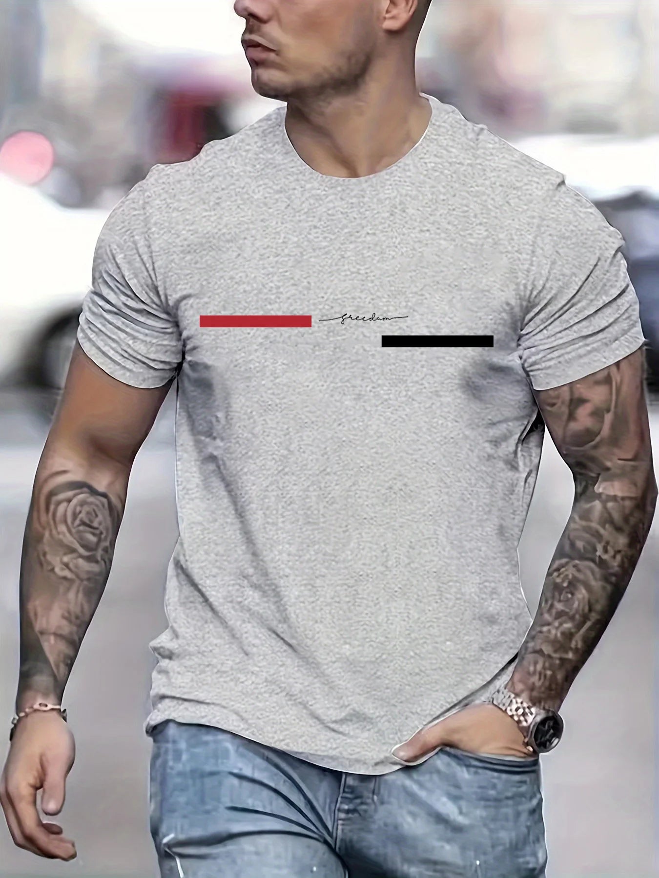 Summer men's 100% pure cotton casual loose freedom letter printed sports comfortable round neck short sleeved T-shirt top