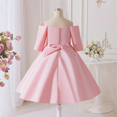 New Girls Pink Knee Length Shoulderless Dress Older Children Shoulder 3D Flower Dress Party Catwalk Evening Dress 8-12Y ASQ03