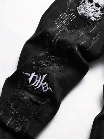 Men's Black Distressed Jeans Skull Patch & Embroidery Letter Print Slim Fit Stretch Denim Pants Street Fashion Biker Trousers