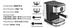 SucceBuy Espresso Machine 15 Bar Coffee and Espresso Maker w/ Milk Frother Steam Wand Professional Semi-Automatic Coffee Machine