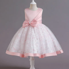 Kids Pearl Detailing Large Bow Floral Tulle Skirt Girls Sleeveless Dress Satin Accented Bodice Satin Hem Children Elegant Outfit
