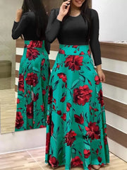 Retro Elegant Commuter Style Polka Dot High Waist  Flower Print Color Matching Short Sleeved Dress