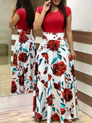 Retro Elegant Commuter Style Polka Dot High Waist  Flower Print Color Matching Short Sleeved Dress
