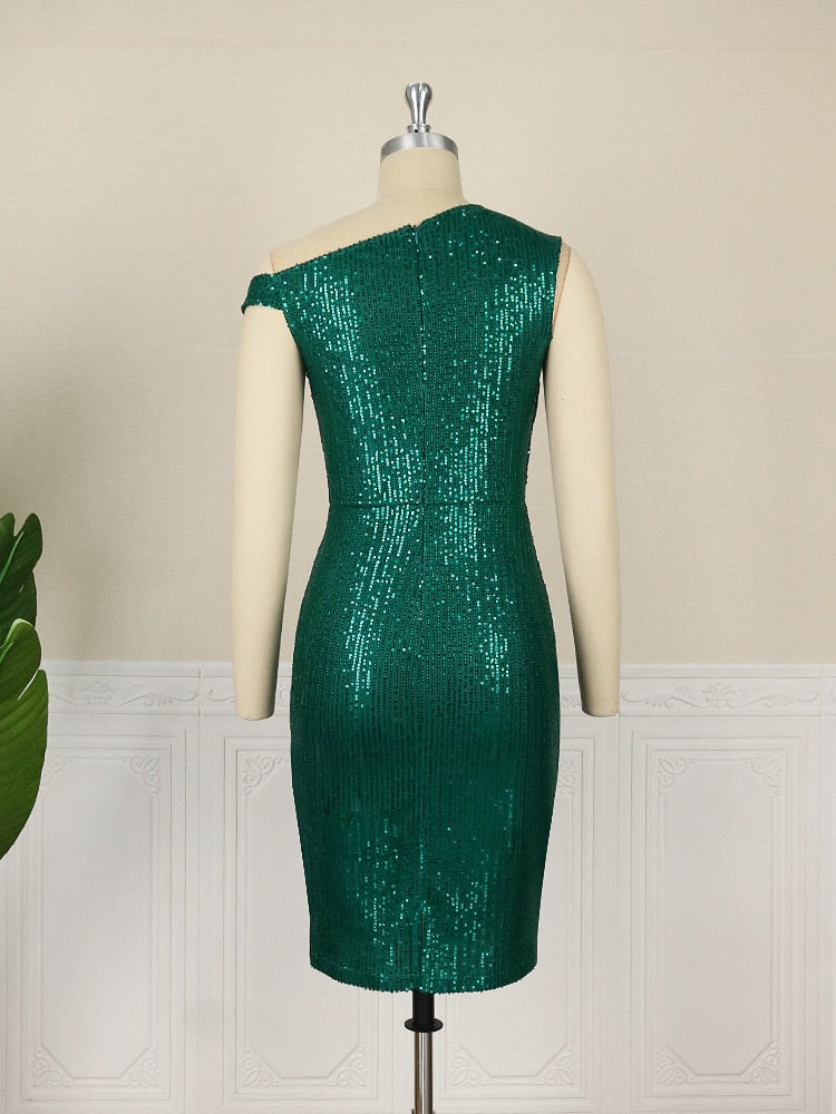 Sequins Dresses Knee Length Cold Shoulder Green Luxury Retro  Evening Cocktail Birthday Party