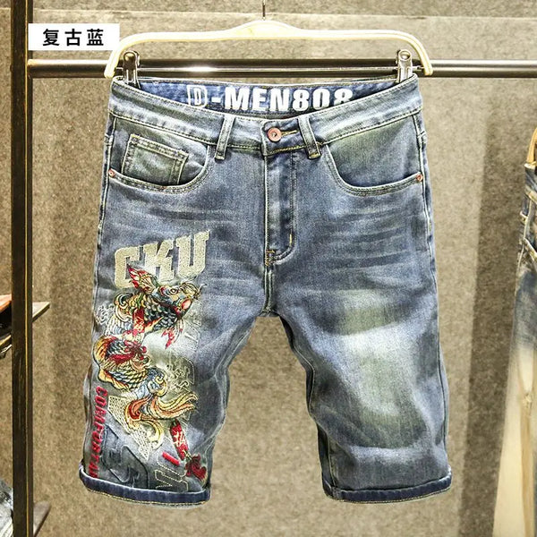 Harajuku Fashion Luxury Brand Men's Summer Embroidered Jeans Knee