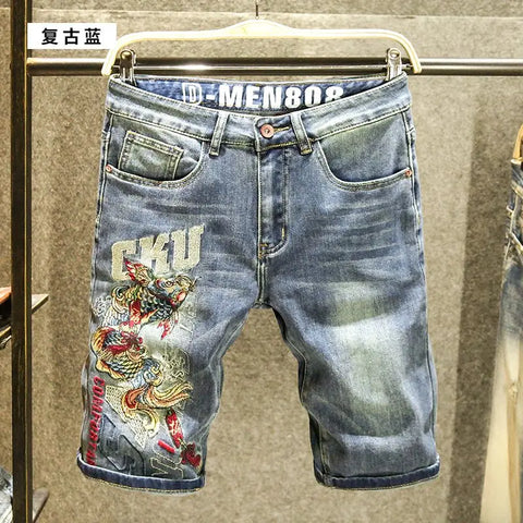 Harajuku Fashion Luxury Brand Men's Summer Embroidered Jeans Knee