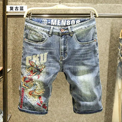 Harajuku Fashion Luxury Brand Men's Summer Embroidered Jeans Knee