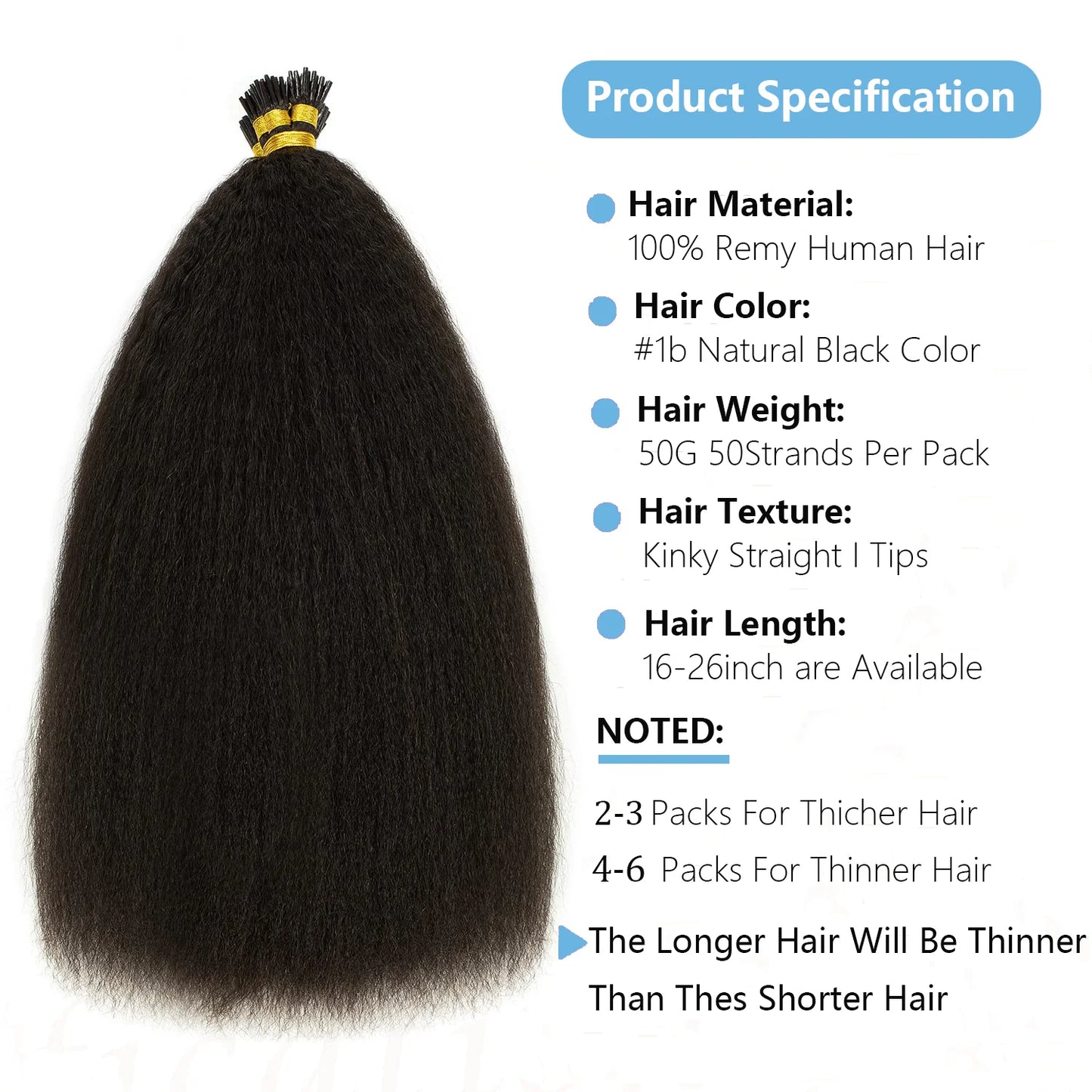 Kinky Straight I Tip Hair Extensions Real Human Hair 100% Brazilian Virgin Hair Itip Human Hair Extensions For Women 50 Gram #1B