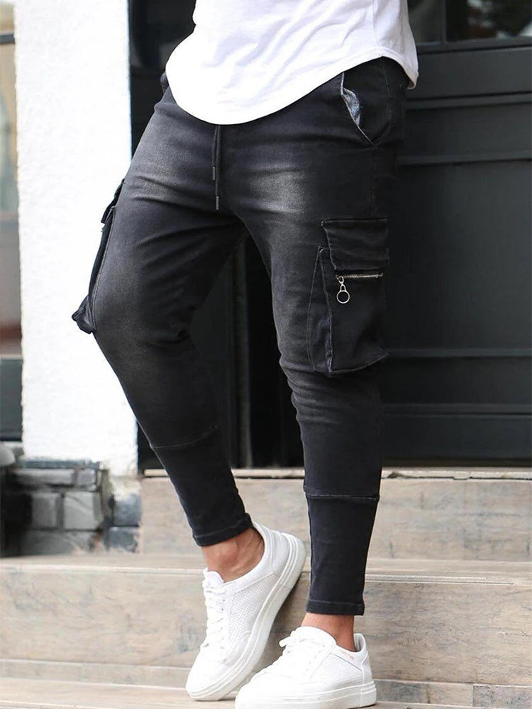 New Men's Slim Fit Stretch Jeans Casual Fashion Multi Pocket Cargo Denim Pants High  Jeans Work Hip Hop