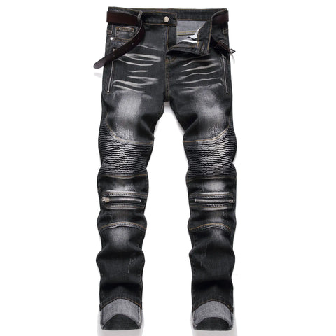 Jeans Men Vintage Distressed Pencil Pants Mid Waist Zipper Pockets Slim Ankle Length Trousers