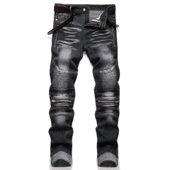 Jeans Men Vintage Distressed Pencil Pants Mid Waist Zipper Pockets Slim Ankle Length Trousers