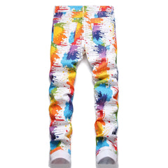 Men's White Jeans in Asian Sizes; Blue-Red-Green-Purple Printed Stretch Denim Pants; Stylish Slim-fit Trousers.