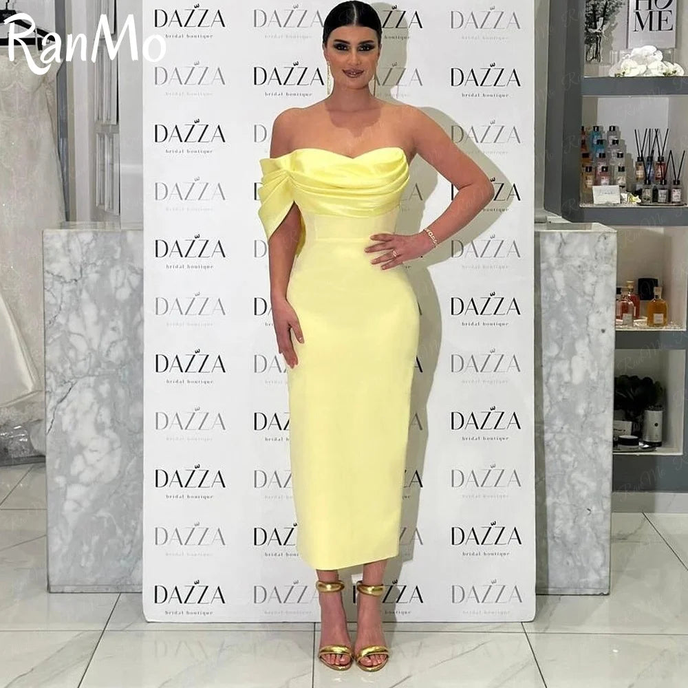 Ranmo Customized Yellow Mermaid One Shoulder Prom Dresses Sleeveless Pleated Evening Dresses Ankle Length Party Dresses فساتين