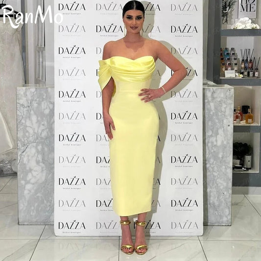 Ranmo Customized Yellow Mermaid One Shoulder Prom Dresses Sleeveless Pleated Evening Dresses Ankle Length Party Dresses فساتين